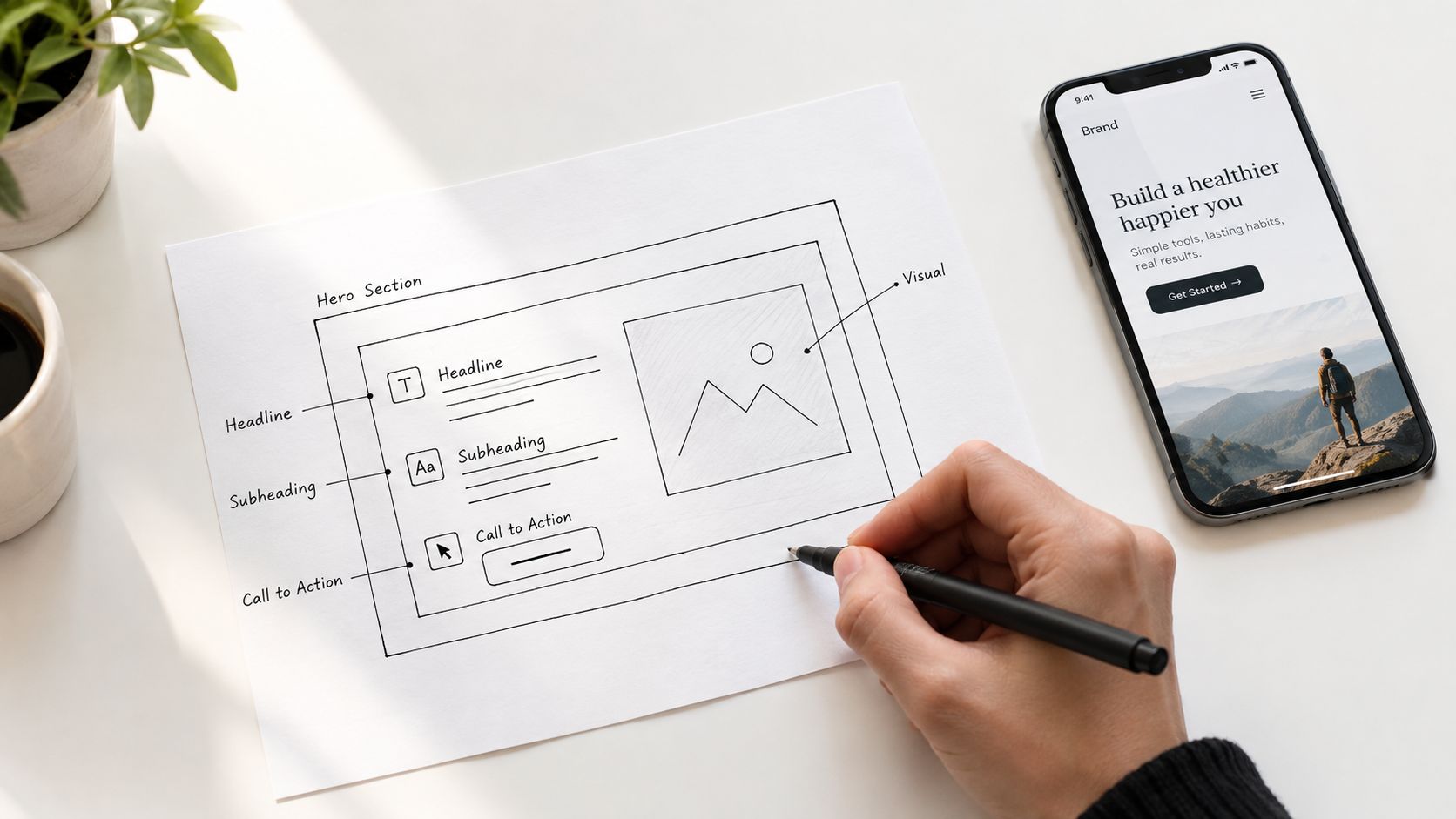 A person drawing a wireframe layout of a website hero section on white paper next to a smartphone.