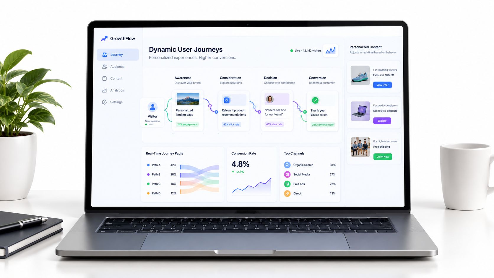 A modern laptop on a desk displaying a GrowthFlow dashboard for tracking and optimizing customer conversion journeys.
