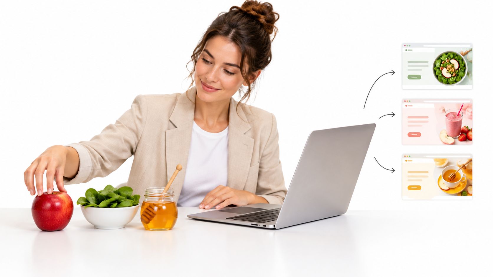 A businesswoman sitting at a desk with fresh food and a laptop displaying different website content options.