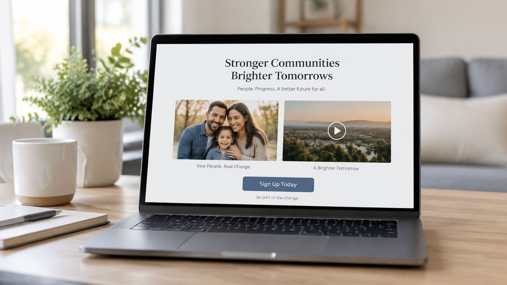A laptop on a wooden desk displaying a website landing page about community progress and future change.