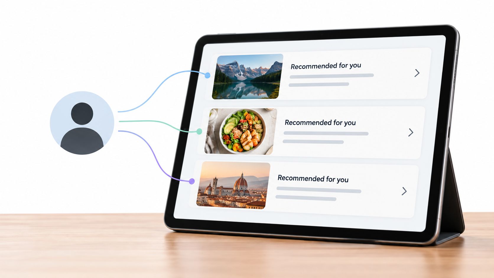 A digital tablet displaying personalized recommendations linked to a user profile icon via flowing lines.