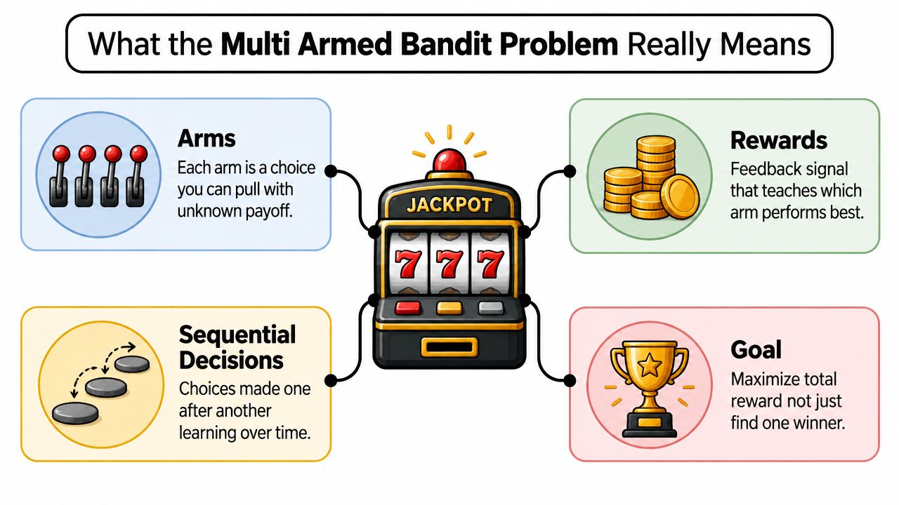 An infographic explaining the Multi Armed Bandit problem using a slot machine analogy with four key components.