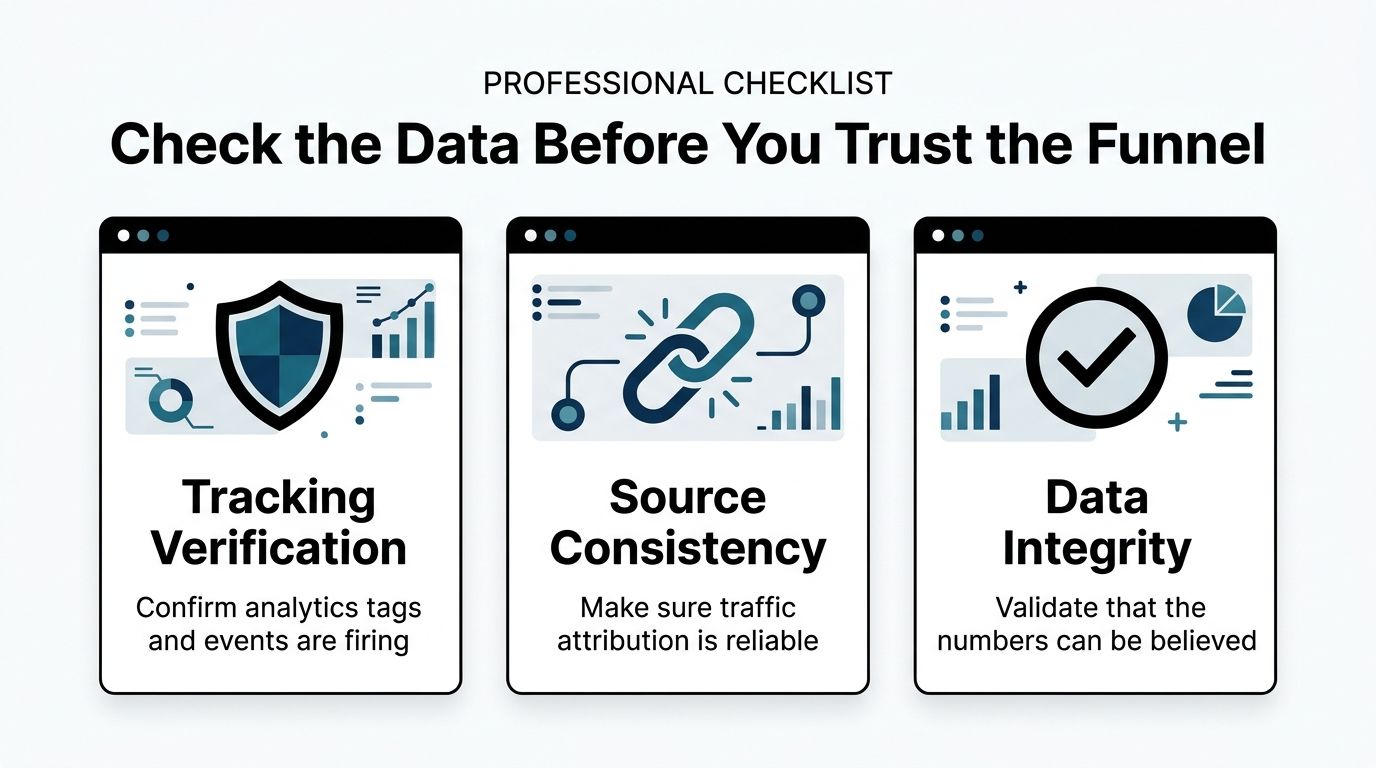 A professional checklist for data accuracy showing three key steps: tracking verification, source consistency, and data integrity.