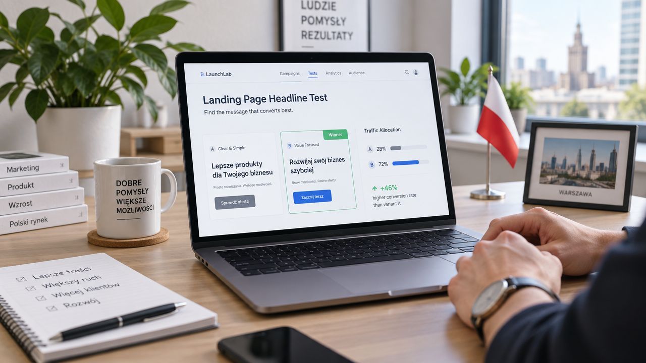 A person using a laptop displaying an A/B landing page test interface with conversion analytics.