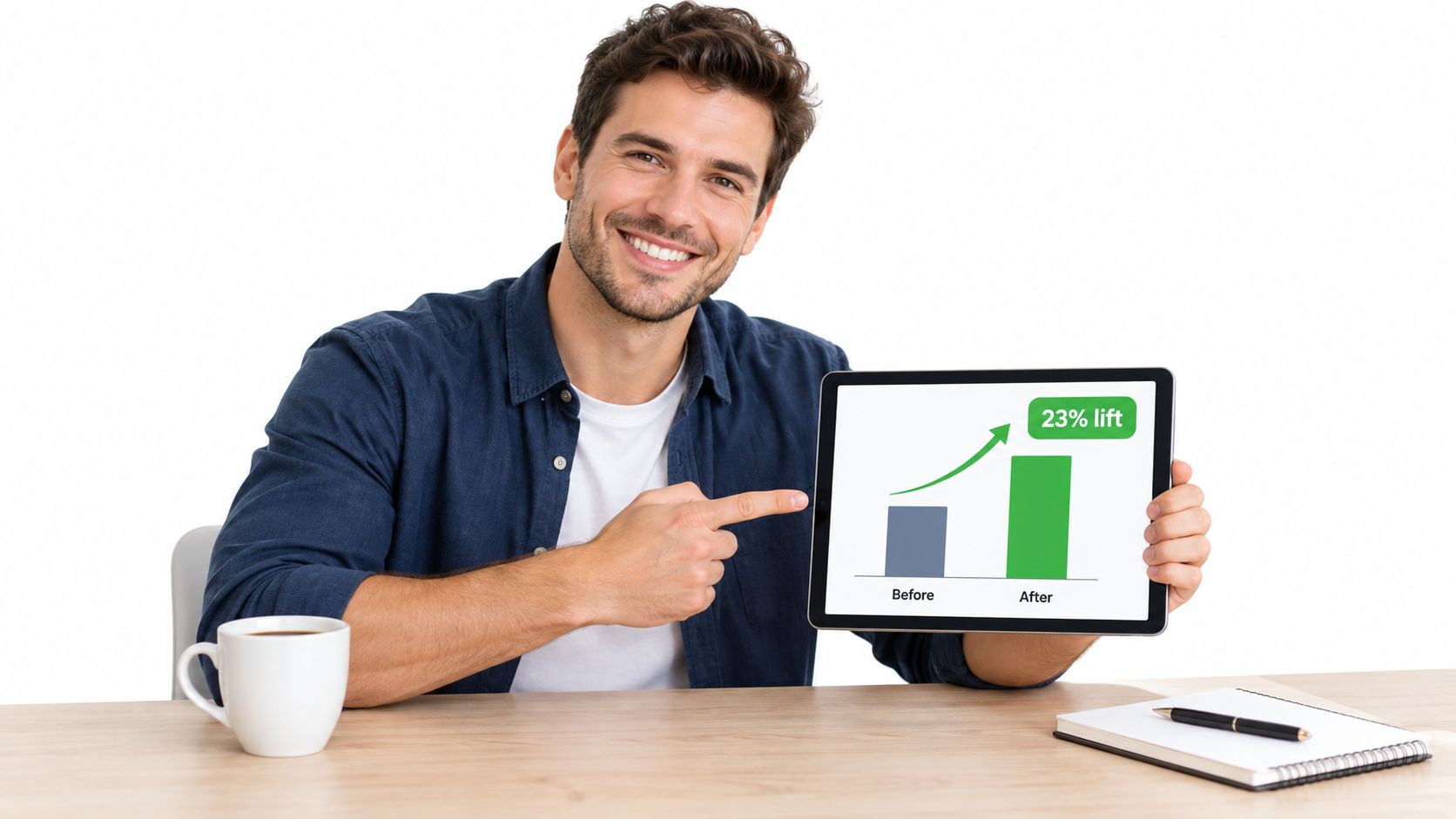 A smiling man sitting at a desk and presenting a tablet showing a chart with 23% growth.