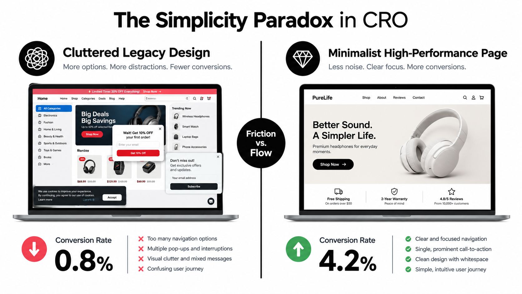 A comparison graphic illustrating how minimalist website design improves conversion rates compared to cluttered legacy layouts.