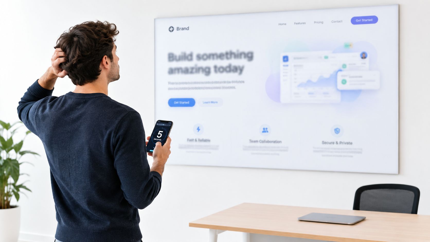 A man stands in an office looking at a value proposition design on a large wall display.
