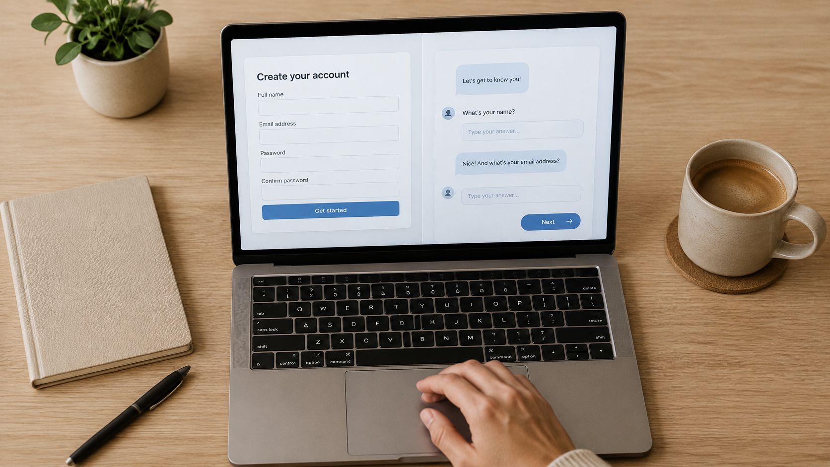 A top-down view of a modern workspace with a laptop showing a website registration form.