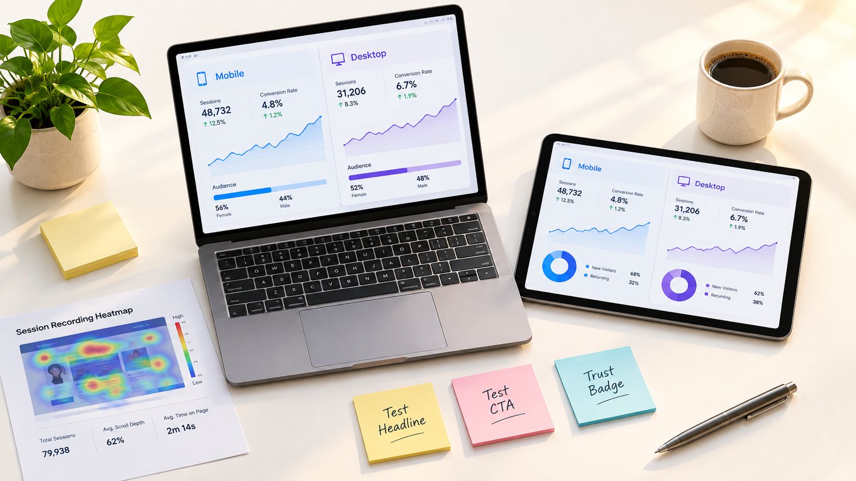 A modern workspace with a laptop and tablet displaying website analytics data alongside sticky notes and documents.