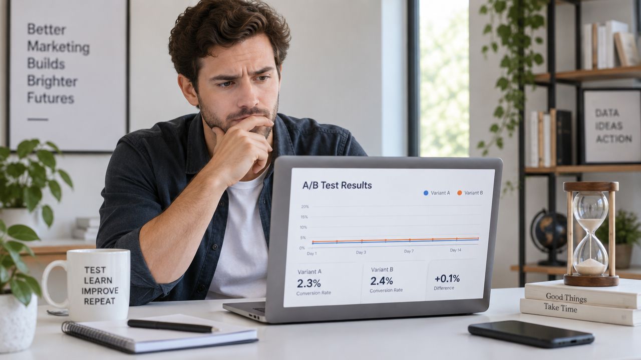 A man looking thoughtfully at A/B test conversion rate results displayed on his laptop computer screen.