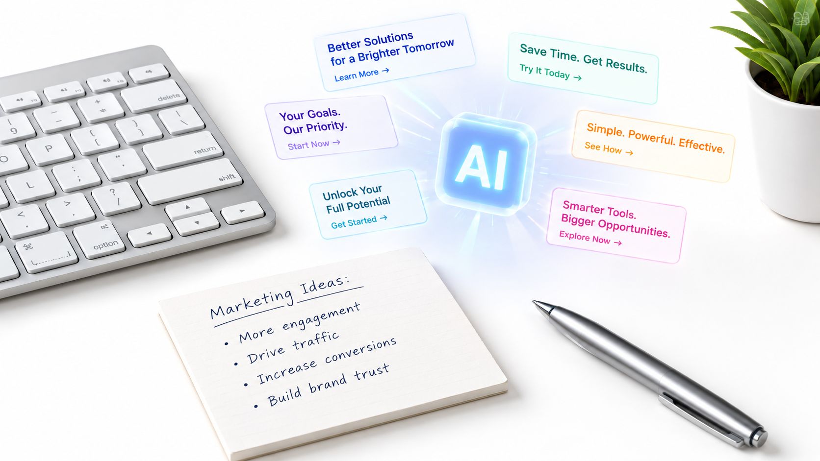 A keyboard and notepad with marketing ideas beside a holographic AI icon with various business taglines.
