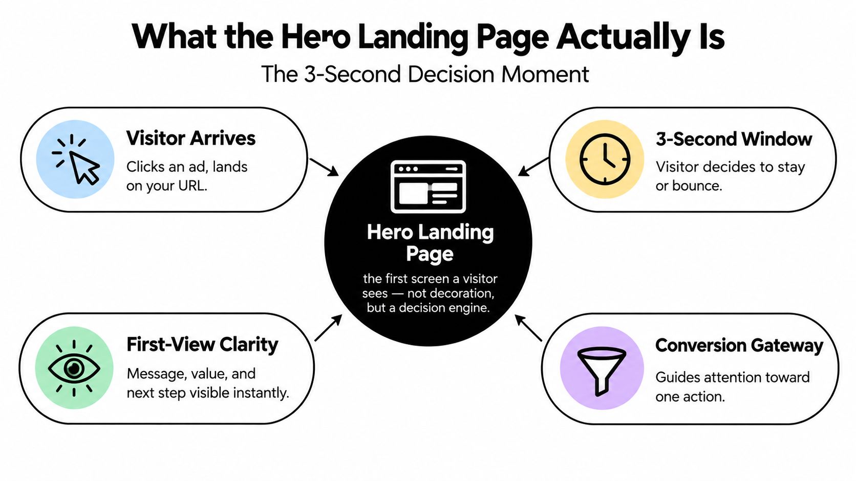 A diagram explaining that a hero landing page is a decision engine for visitor conversion in seconds.