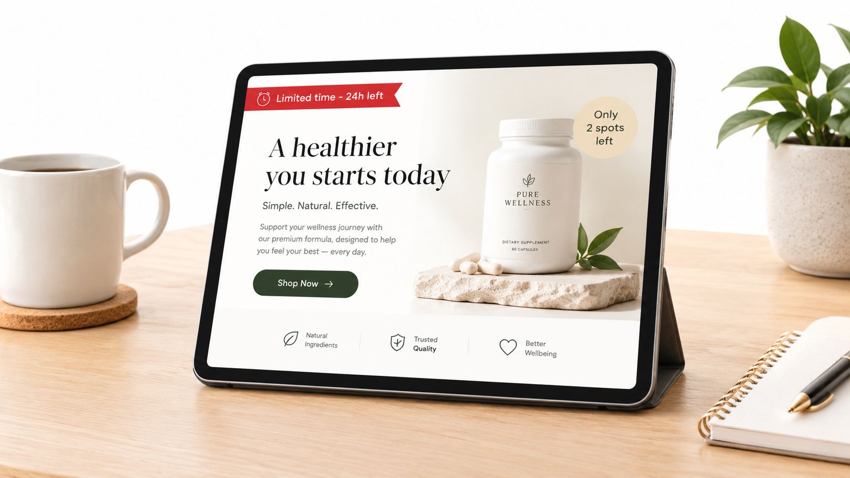 A tablet on a wooden desk displaying a health supplement website landing page with promotional text.