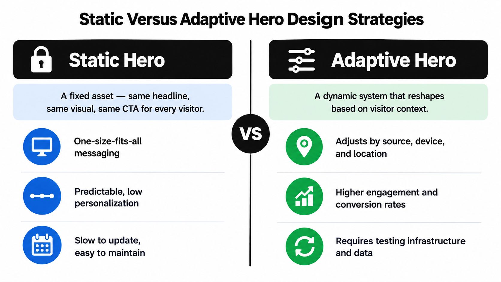 A comparison chart showing the differences between static and adaptive hero design strategies for website optimization.