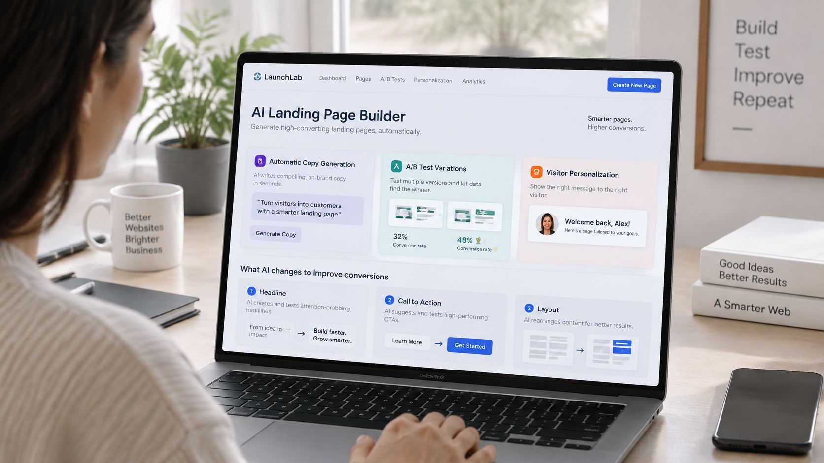 A person using an AI landing page builder tool on a laptop to optimize website conversion rates.