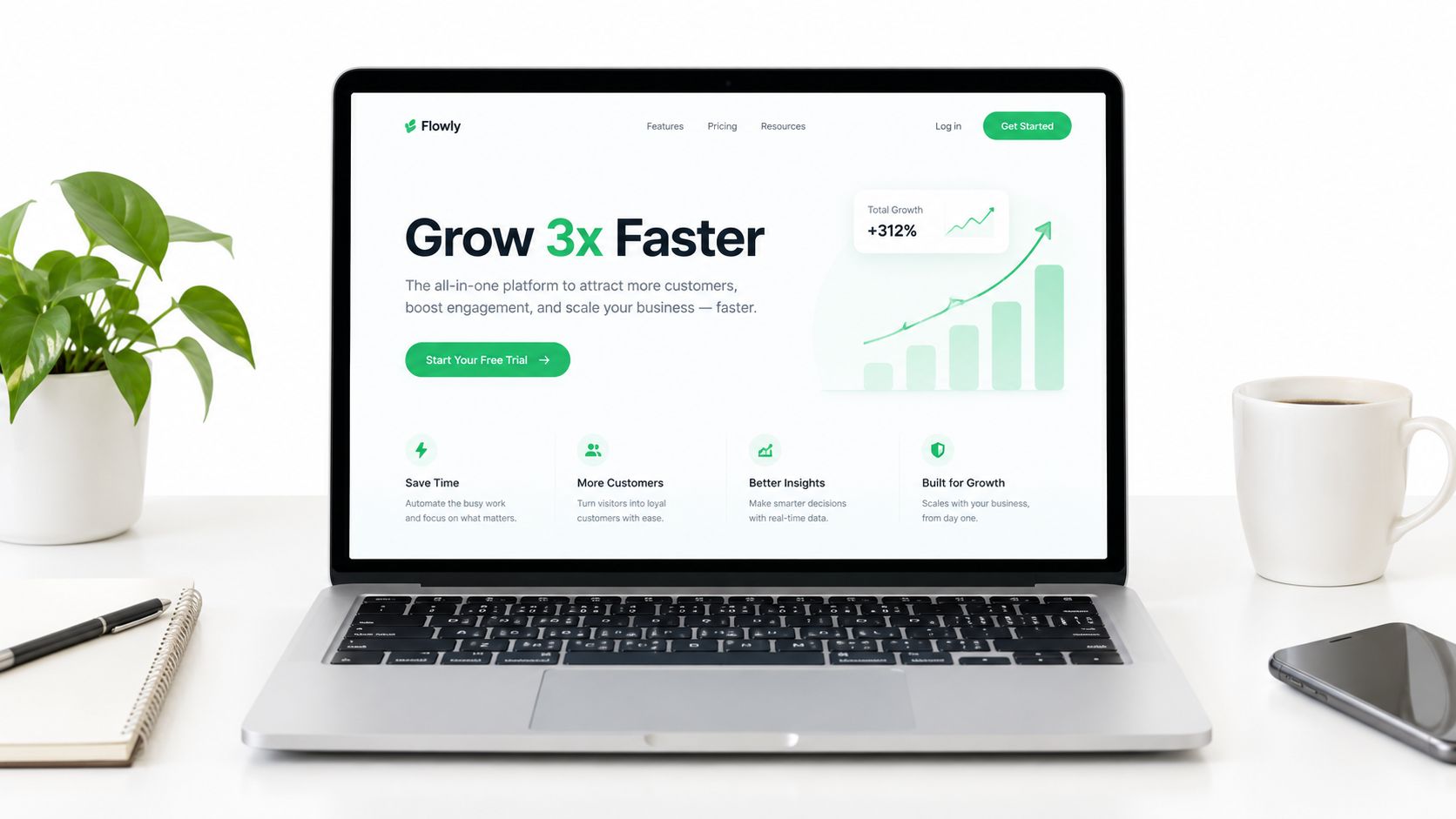 A professional laptop on a white desk displaying the Flowly landing page with a growth-focused headline.
