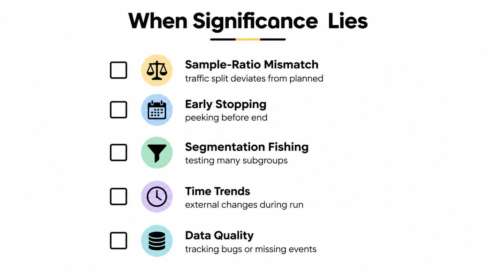 An infographic list titled When Significance Lies, showing five common pitfalls in A/B testing statistical results.