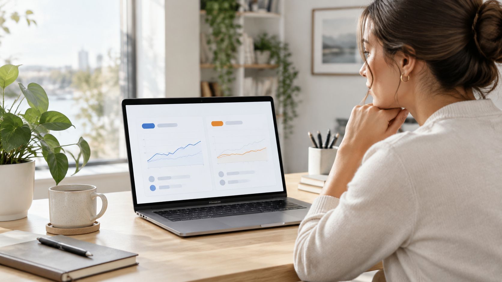 A woman working on a laptop displaying data charts at a bright, organized wooden desk.