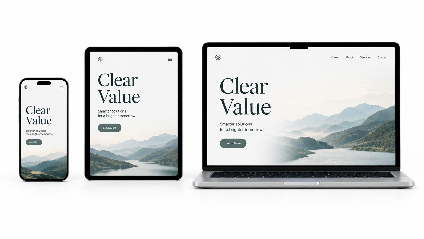 A laptop, tablet, and smartphone displaying a modern responsive landing page for a business called Clear Value.