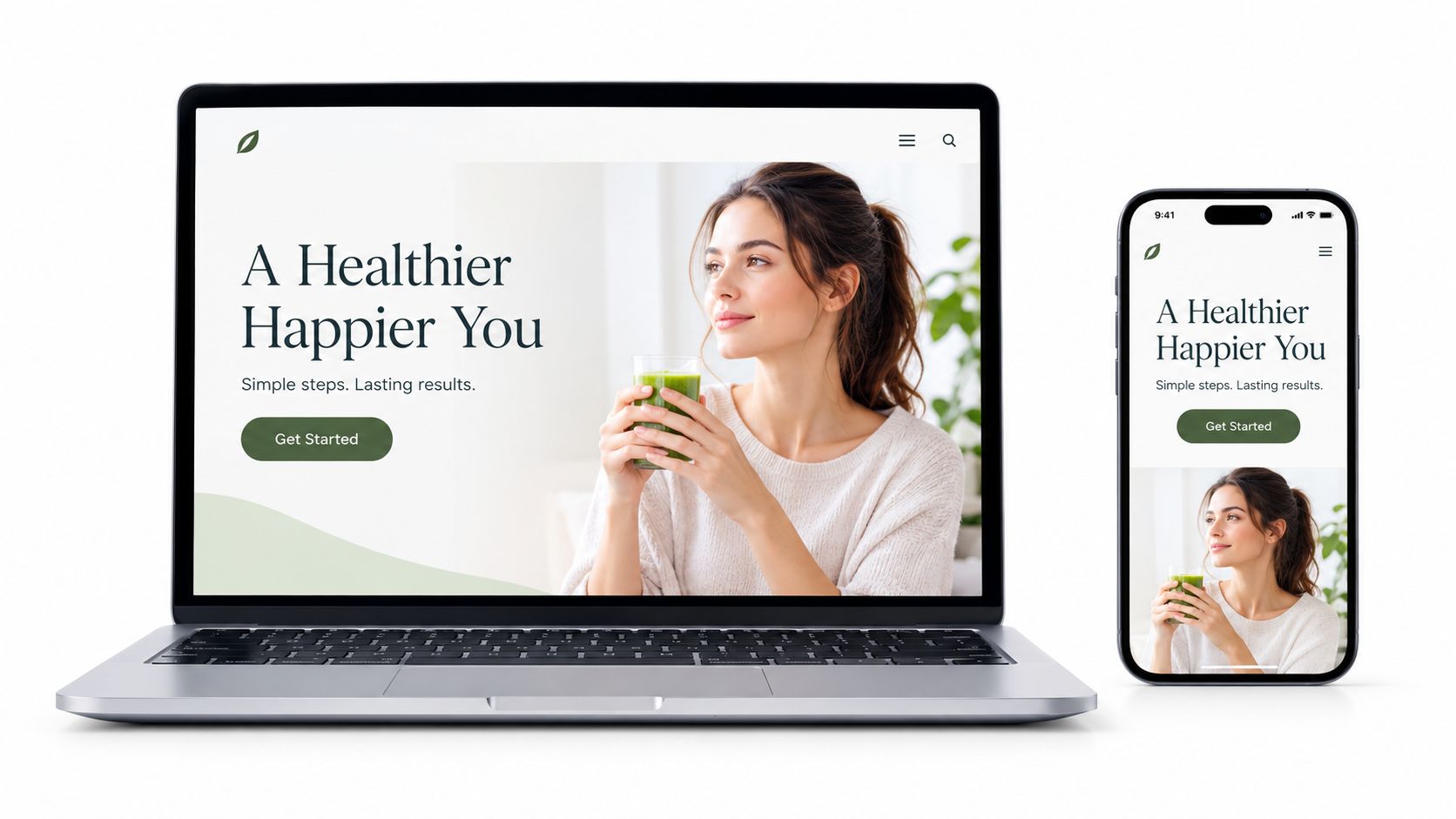 A laptop and smartphone displaying a responsive health and wellness website design on their screens.