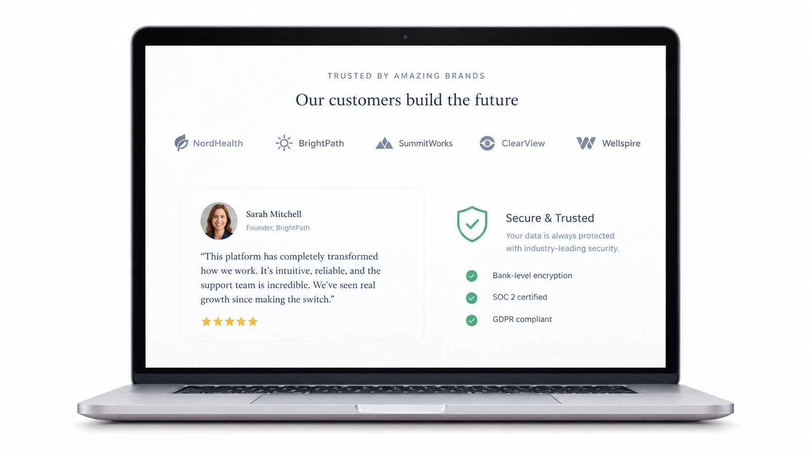 A laptop screen displaying customer testimonials and security trust badges to build brand credibility and conversion.