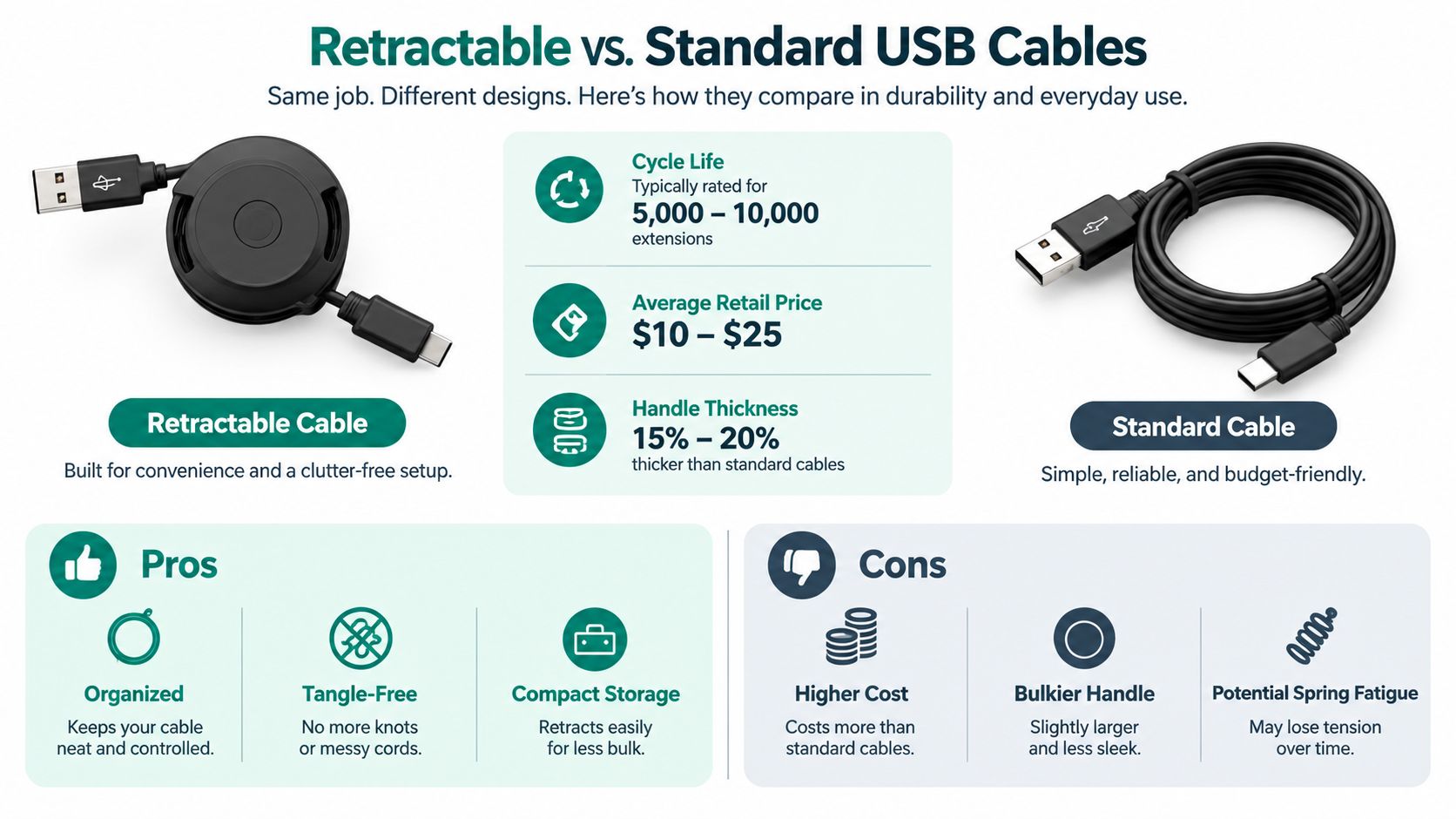 Porovnávacia infografika zobrazujúca rozdiely vo funkciách, výhodách a nevýhodách medzi zvinovacími a štandardnými USB káblami.