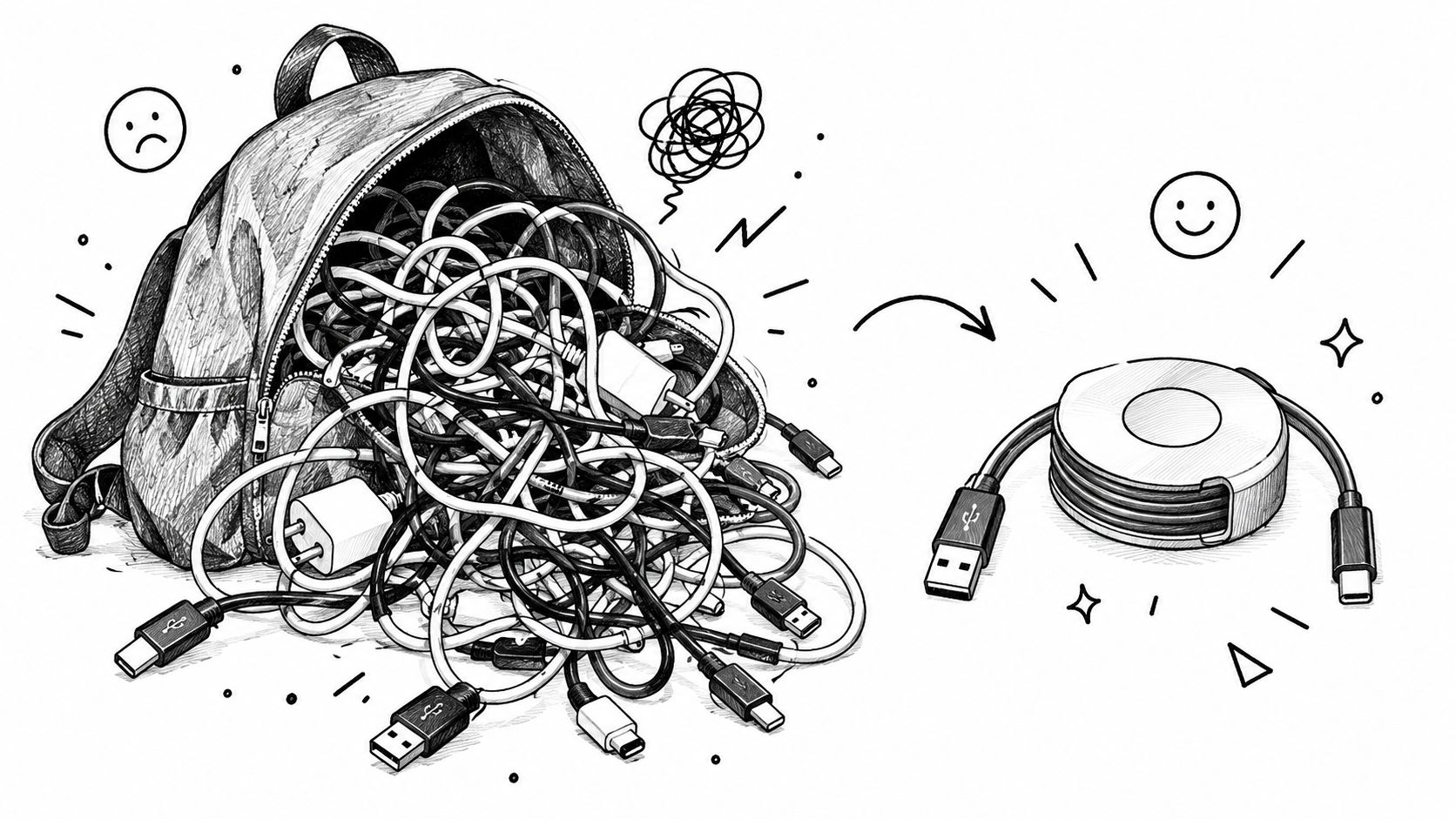 Čiarová kresba zobrazujúca neporiadok v batohu plnom zamotaných USB káblov, ktorý sa mení na jeden organizovaný zvinovací kábel.