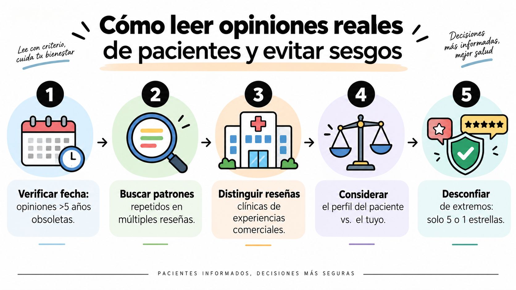 Infografía sobre cómo evaluar críticamente las opiniones de pacientes en línea para tomar decisiones médicas más informadas.