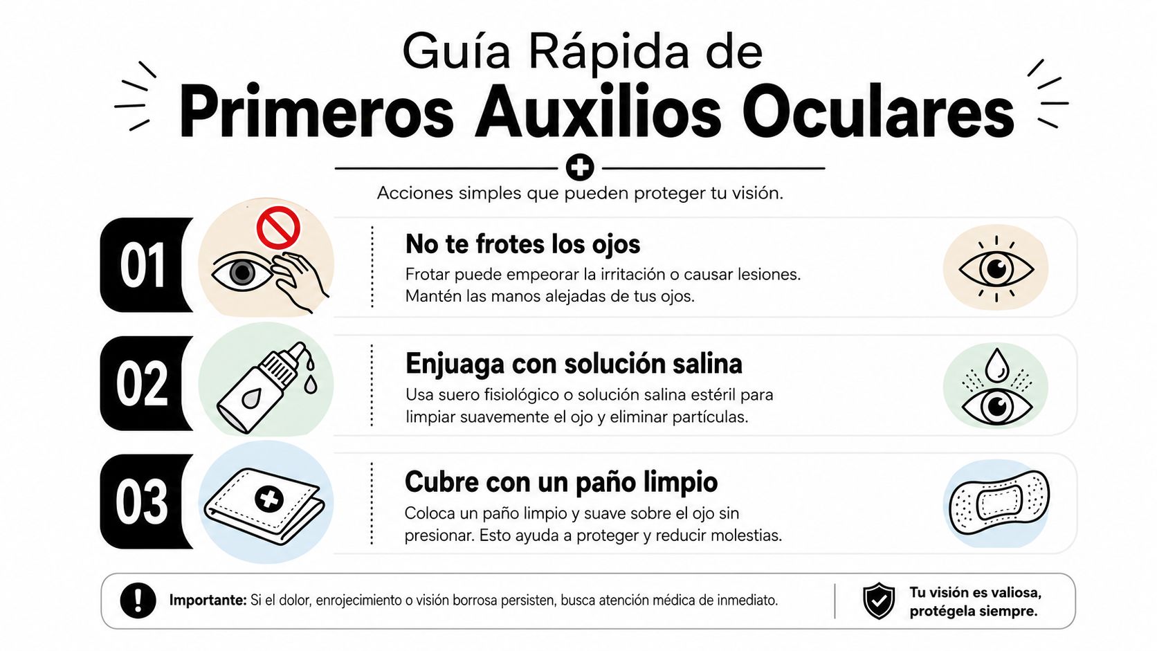 Guía rápida visual con tres pasos esenciales de primeros auxilios para proteger la salud de tus ojos.