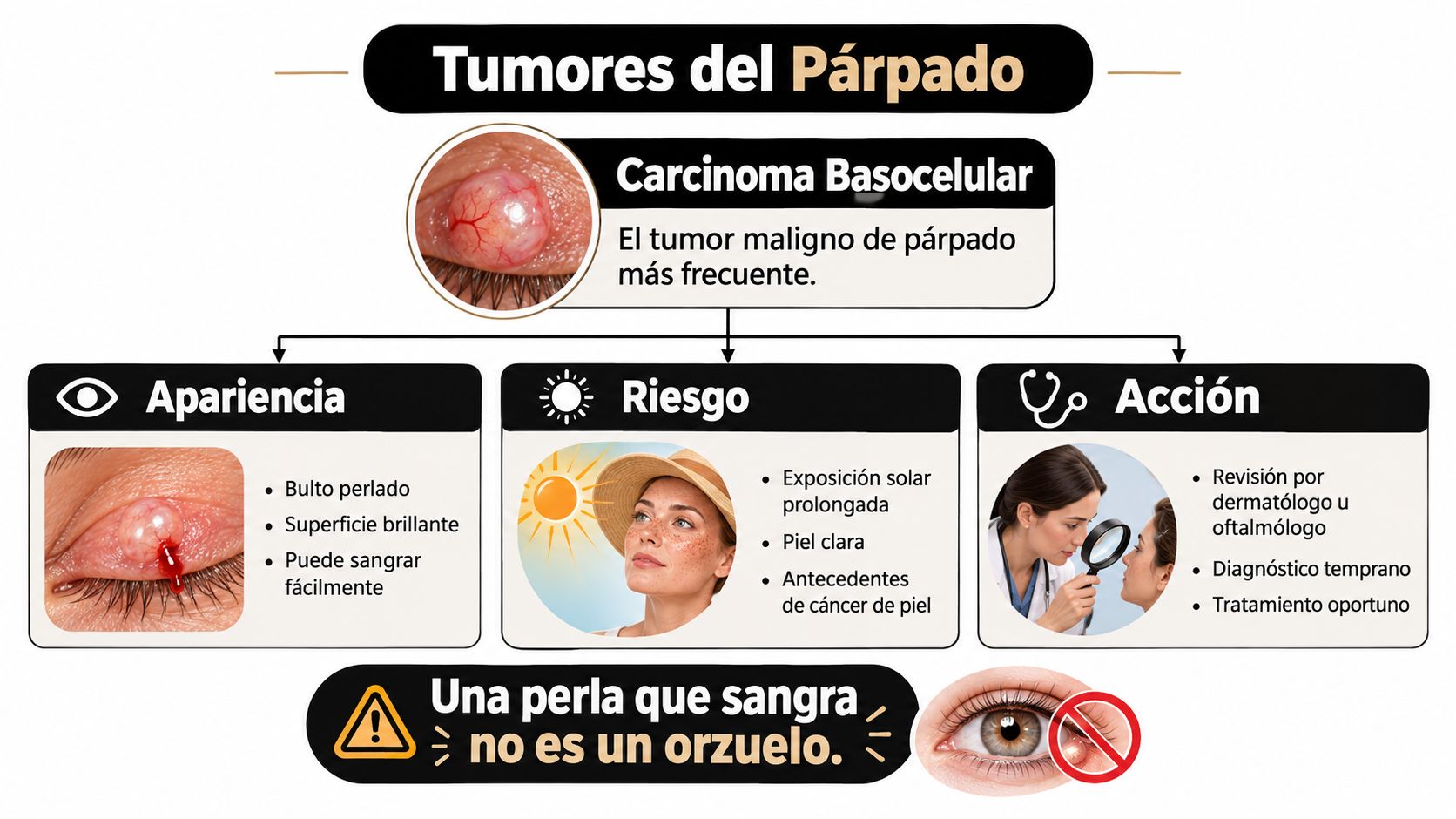 Infografía sobre el carcinoma basocelular, el tumor de párpado más frecuente, mostrando sus síntomas, riesgos y prevención.