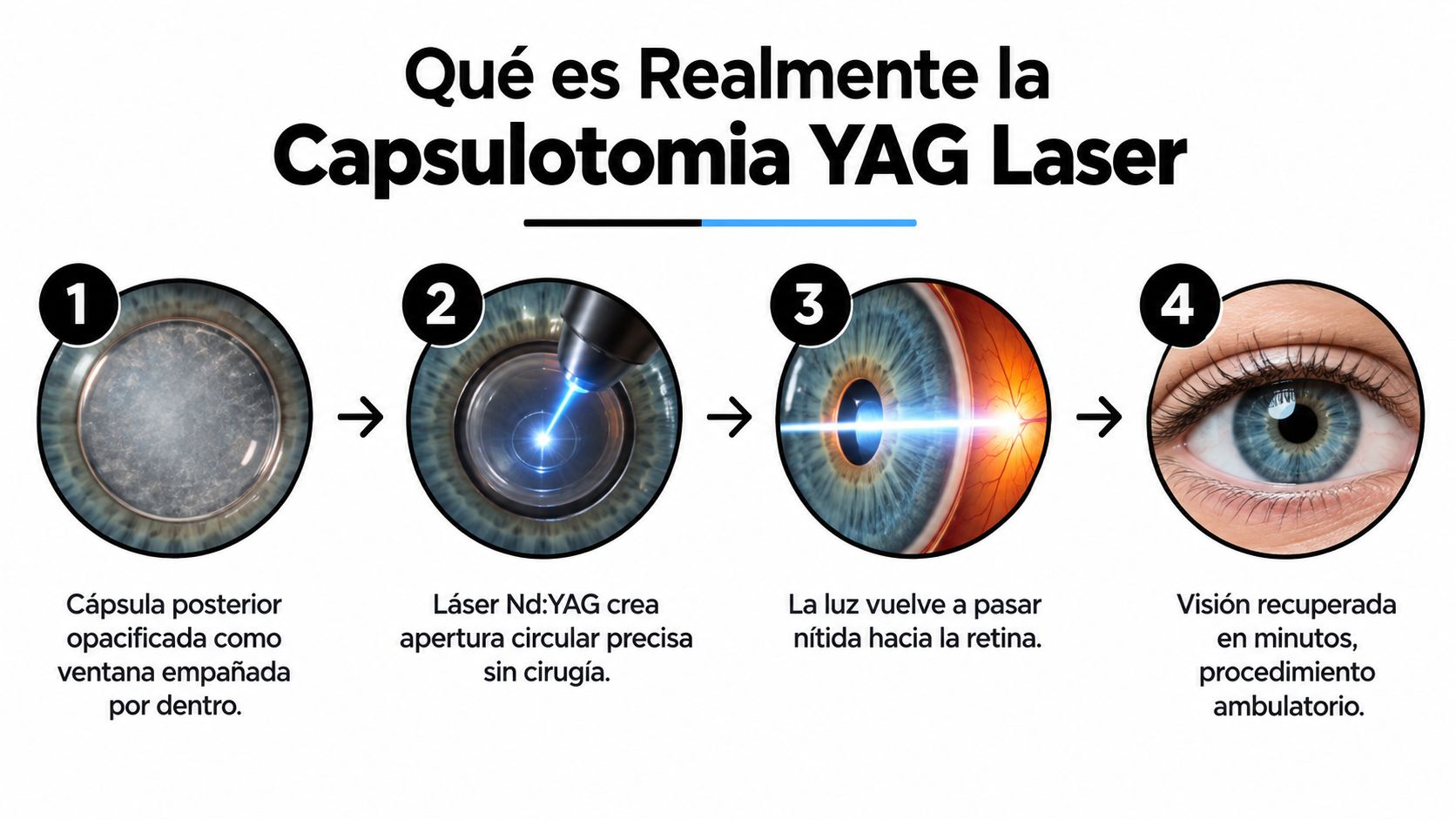 Diagrama explicativo sobre el procedimiento oftalmológico de capsulotomía con láser YAG para restaurar la visión clara.