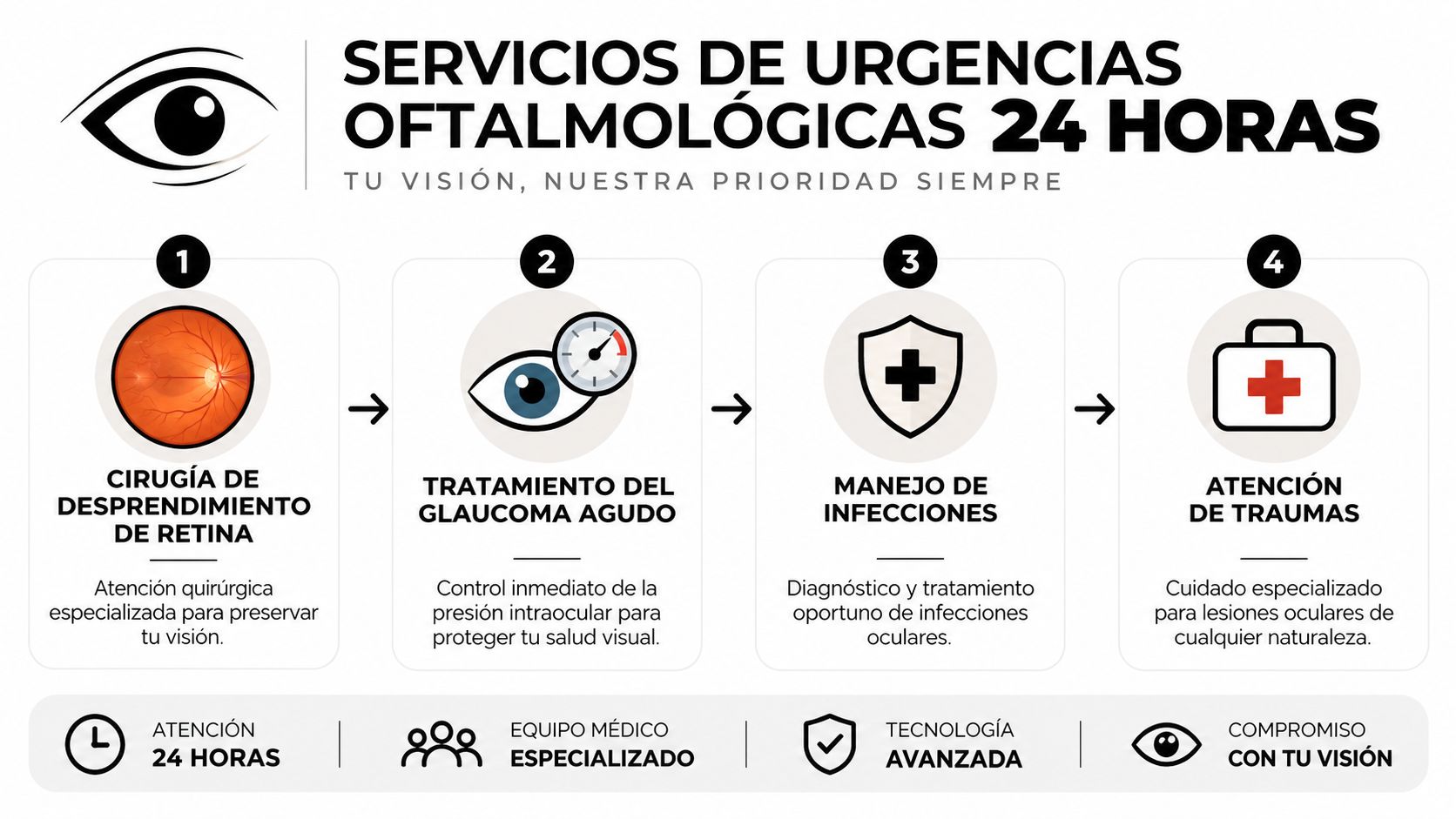 Infografía sobre servicios de urgencias oftalmológicas 24 horas que incluyen cirugía de retina, glaucoma, infecciones y traumas.