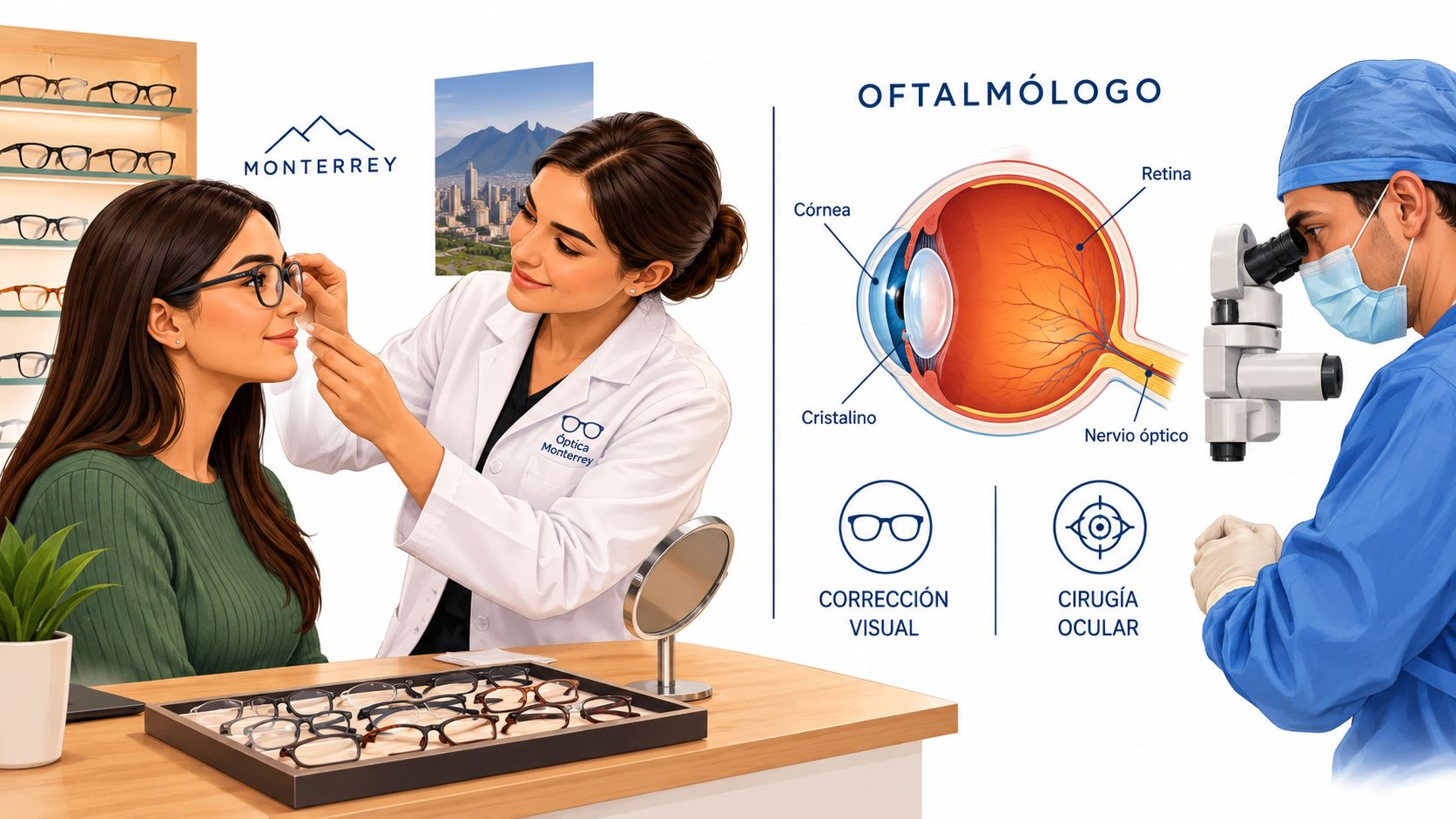 Una optometrista probando gafas a una paciente junto a una ilustración anatómica de un oftalmólogo.