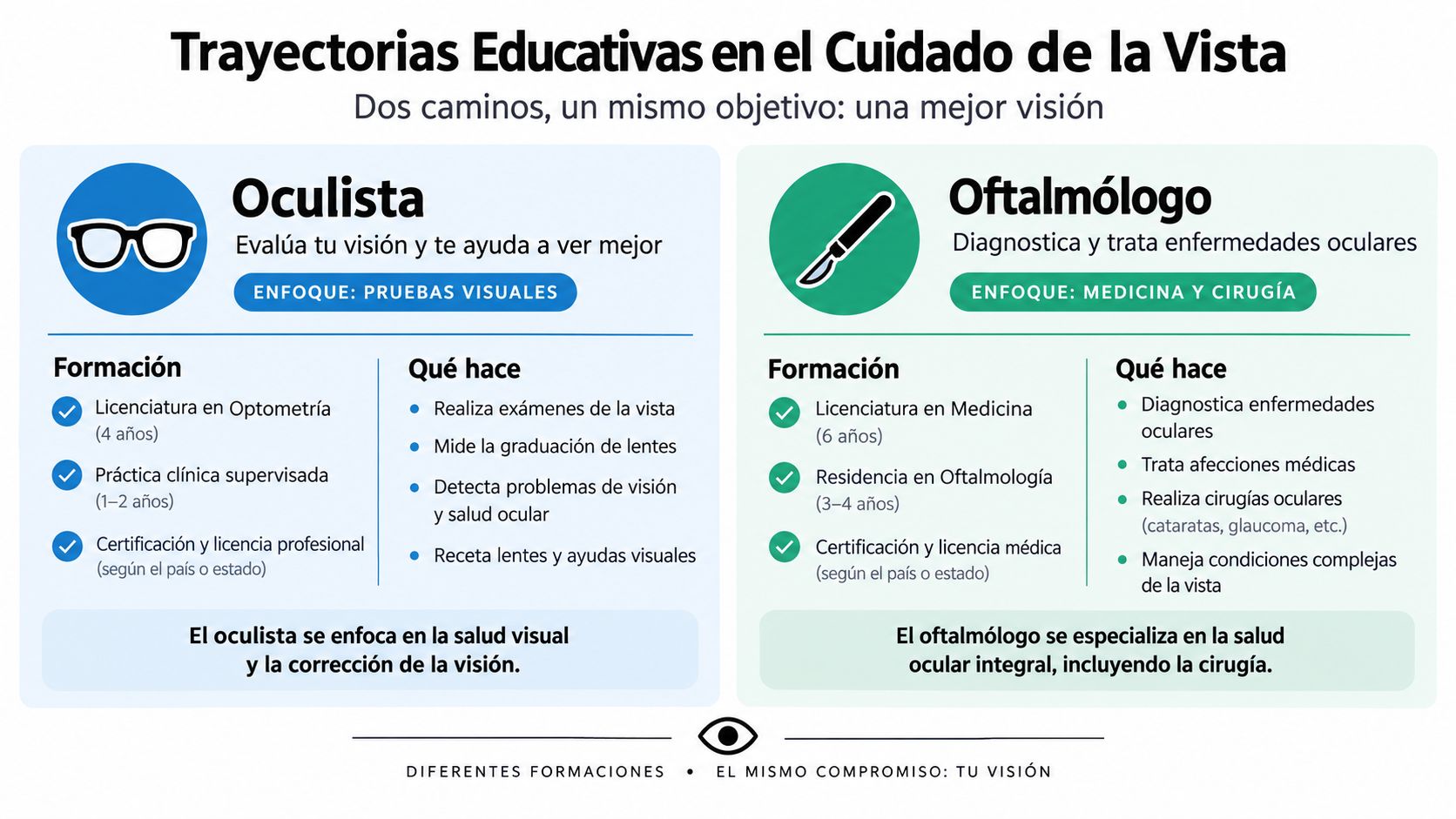Infografía comparativa detallando la formación y funciones de un oculista frente a un oftalmólogo profesional.