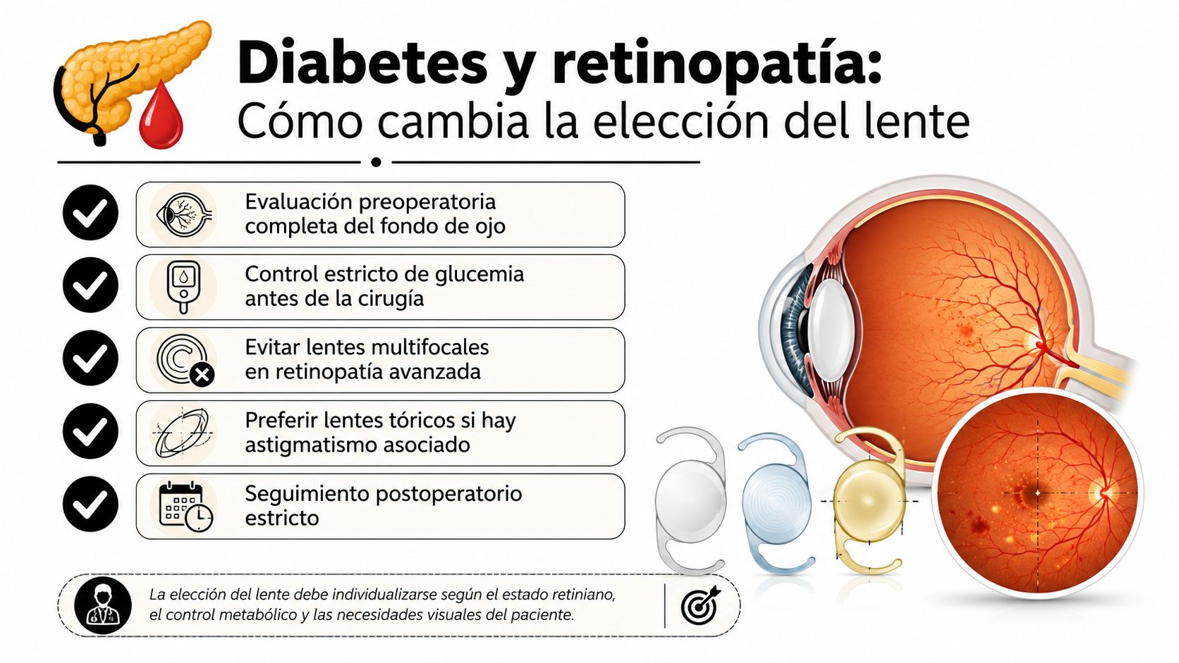 Infografía sobre consideraciones para elegir lentes intraoculares en pacientes con diabetes y retinopatía diabética.