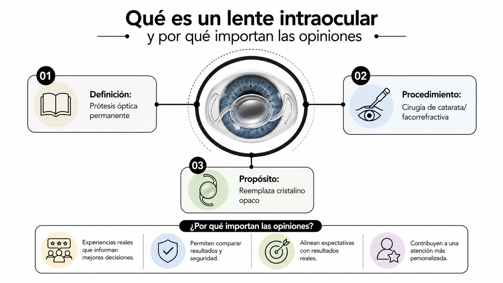 Infografía sobre qué es un lente intraocular, el procedimiento quirúrgico y la importancia de las opiniones.