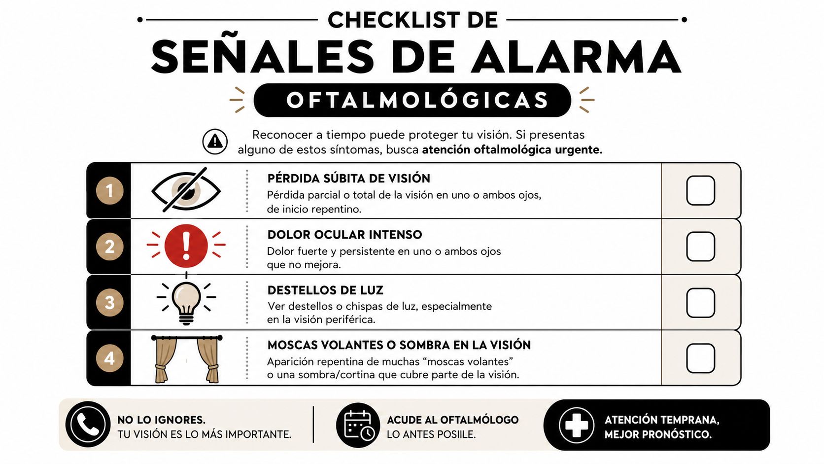 Lista de control informativa sobre señales de alarma urgentes en la visión que requieren atención oftalmológica inmediata.