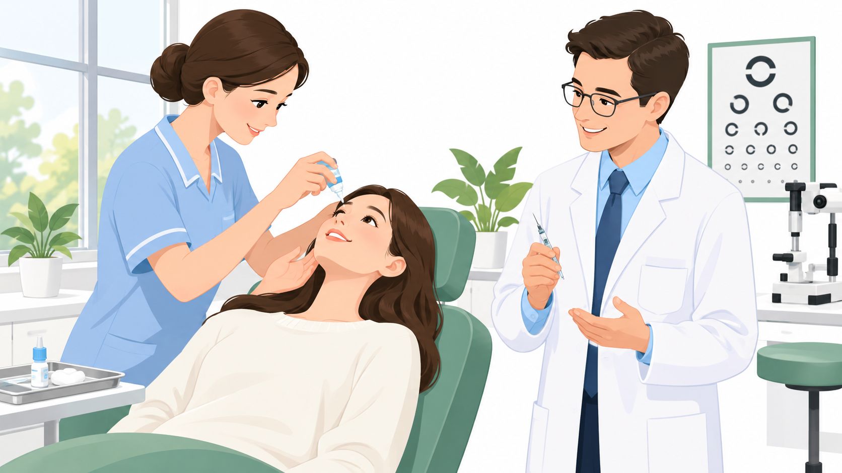 Una enfermera aplica gotas oculares a una paciente mientras un oftalmólogo observa en el consultorio médico.