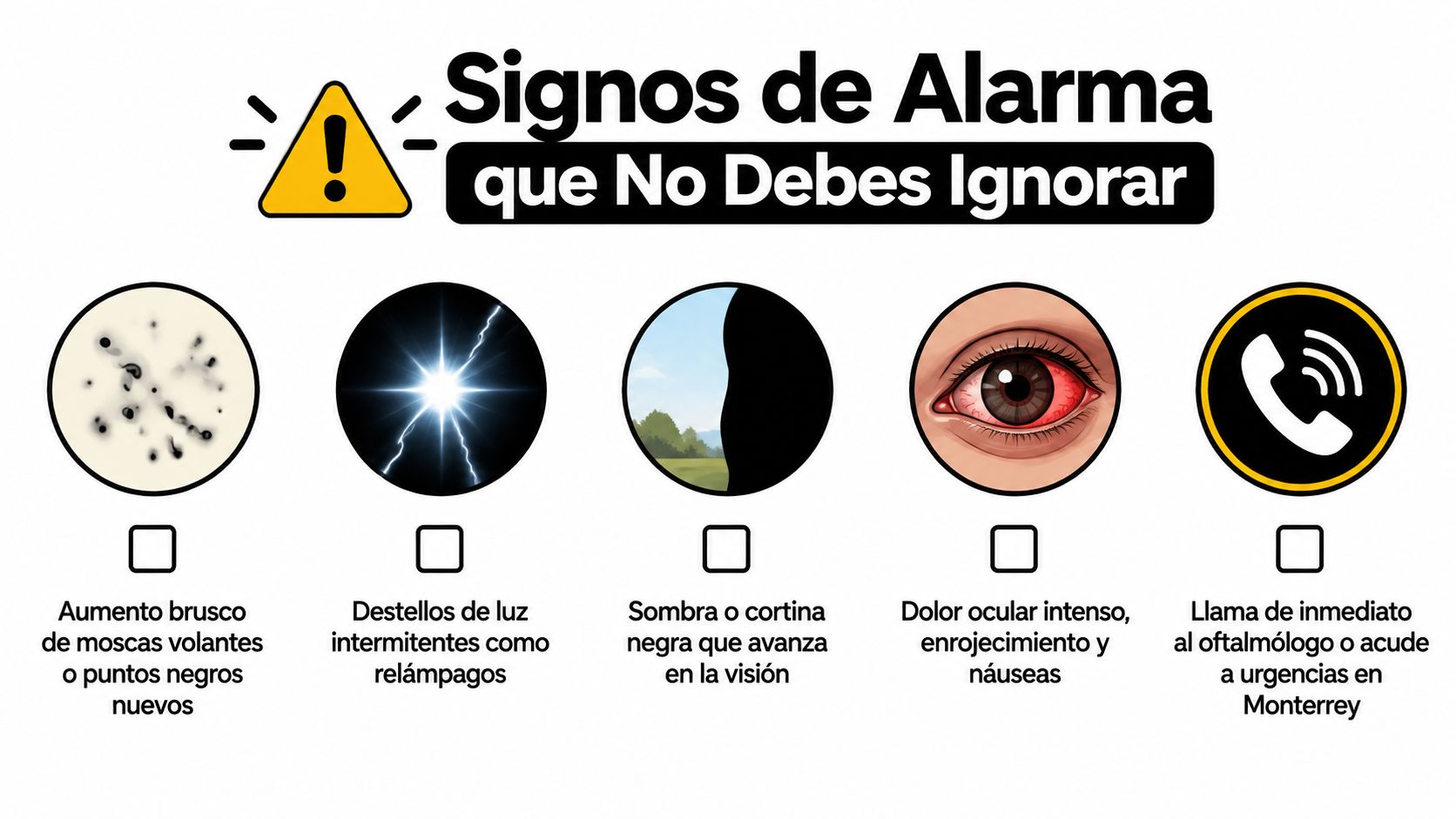 Infografía sobre signos de alarma oculares como moscas volantes, destellos de luz, sombras y dolor intenso.