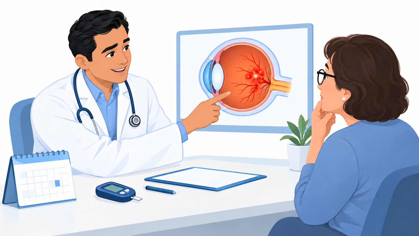 Un médico explica el diagnóstico de retinopatía diabética a una paciente durante una consulta clínica profesional.