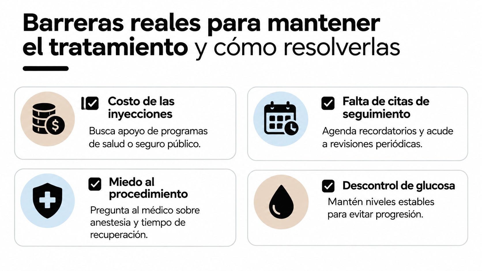 Infografía que muestra barreras comunes para el tratamiento médico y sugerencias prácticas sobre cómo resolverlas eficazmente.