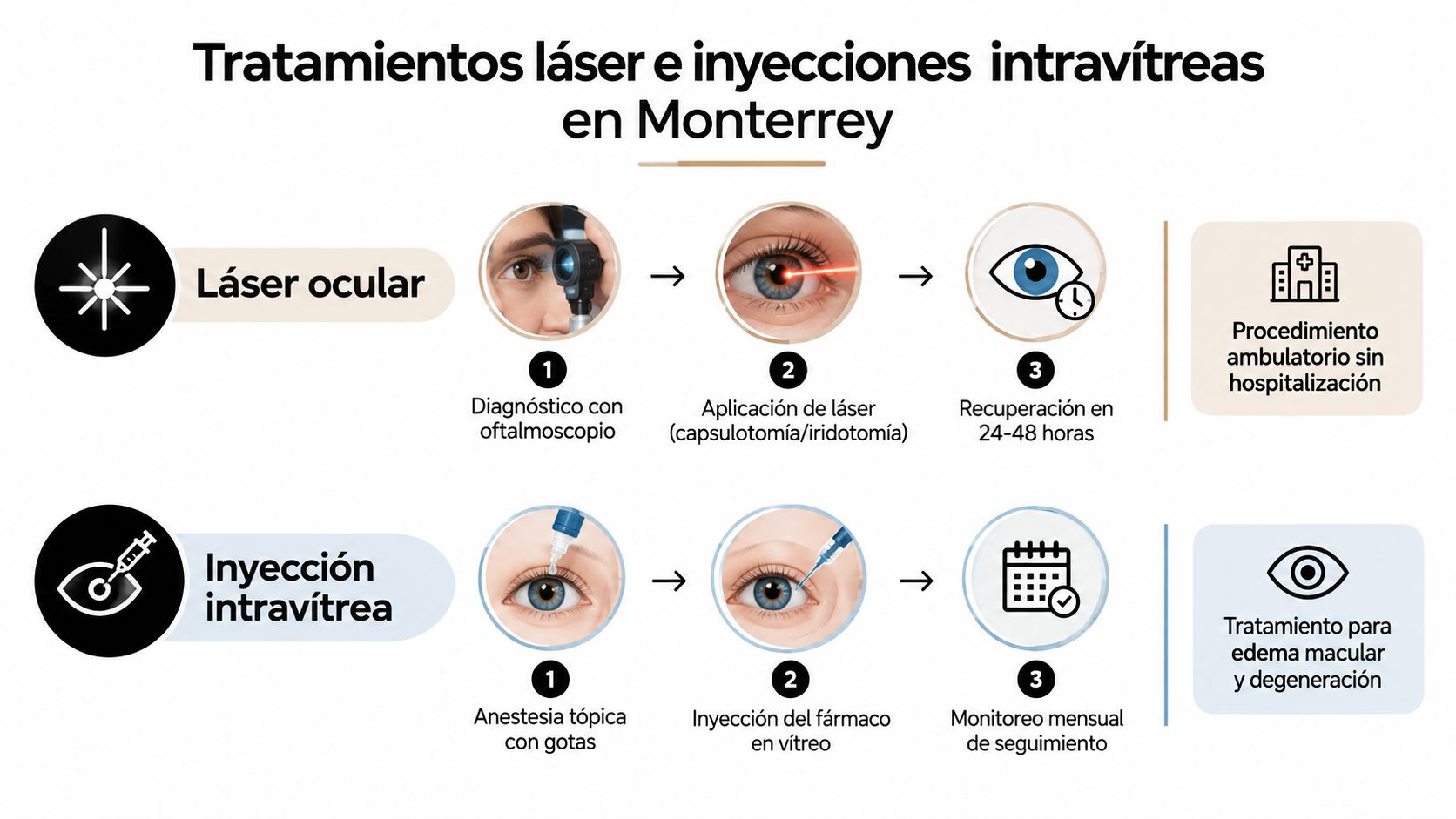Infografía sobre tratamientos oculares con láser e inyecciones intravítreas disponibles en un centro oftalmológico de Monterrey.