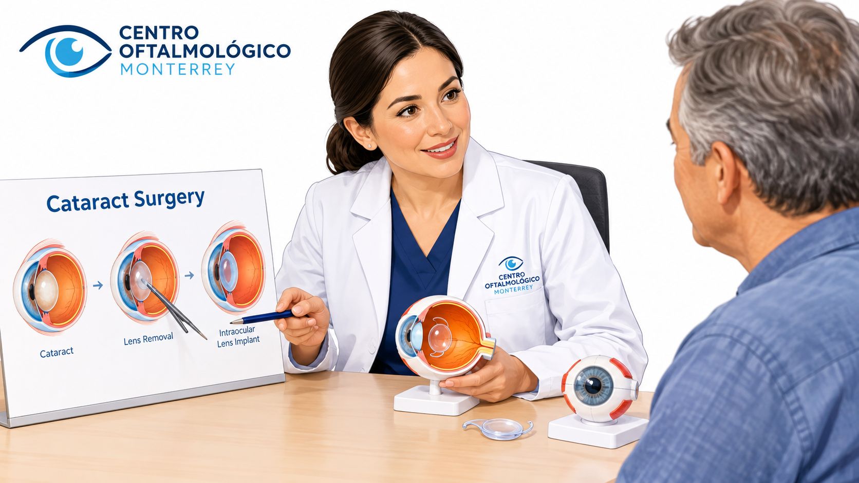 Una doctora explica un procedimiento de cirugía de cataratas a un paciente en el Centro Oftalmológico Monterrey.