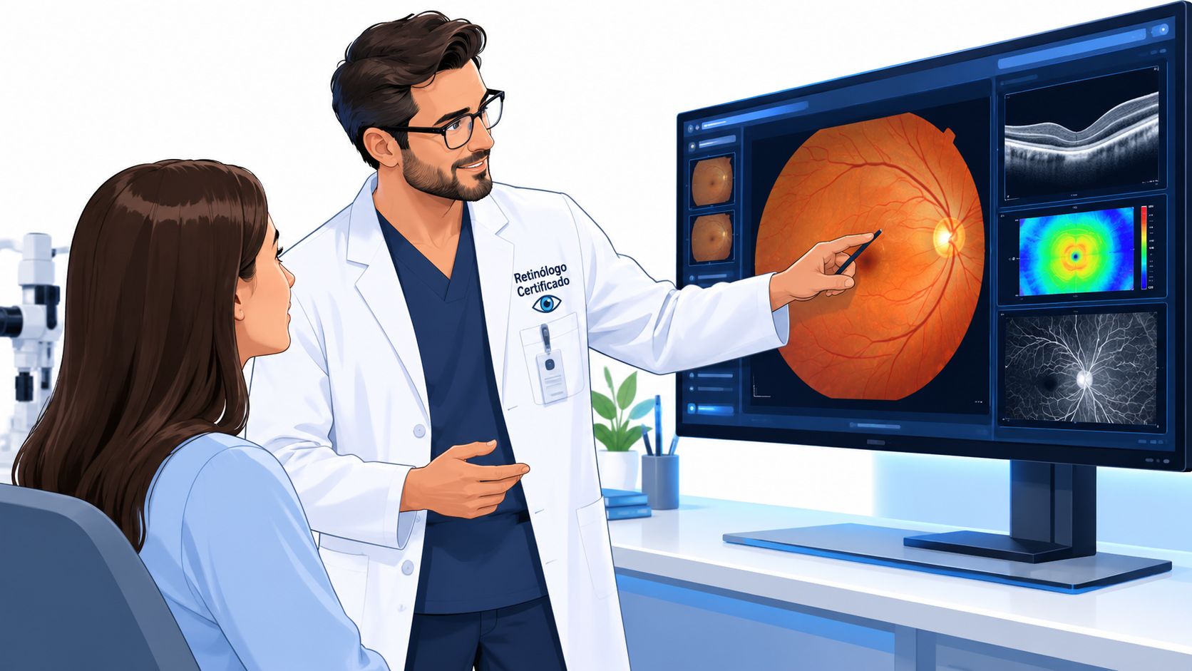 Un oftalmólogo certificado explica los resultados de una tomografía ocular a una paciente en su consultorio médico.
