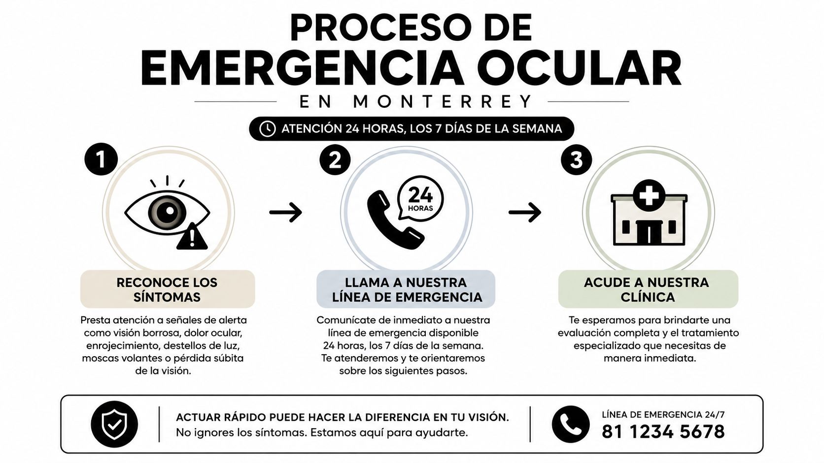 Infografía sobre el proceso de atención de emergencia ocular disponible 24/7 en la ciudad de Monterrey.