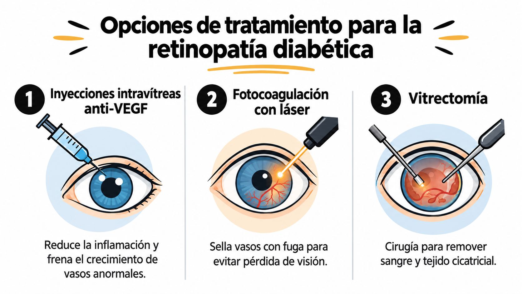 Infografía mostrando tres opciones médicas para el tratamiento de la retinopatía diabética, incluyendo inyecciones, láser y cirugía.