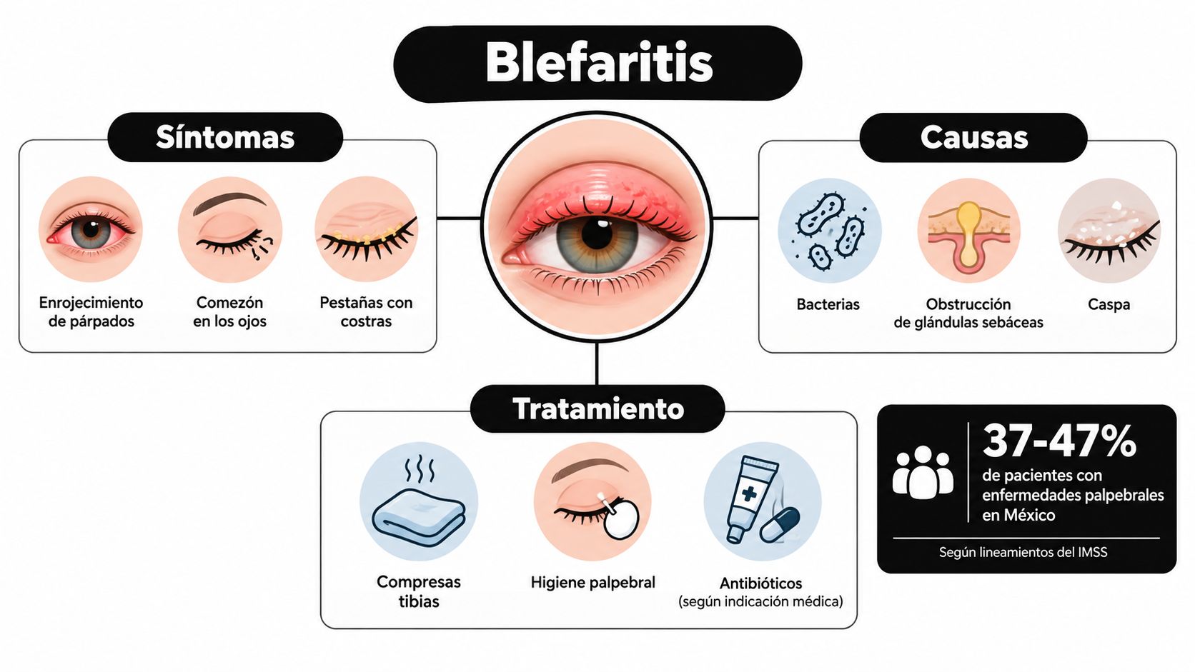 Infografía educativa sobre los síntomas, causas y tratamientos de la blefaritis, una inflamación común del párpado ocular.