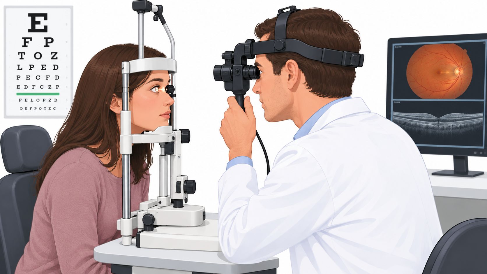 Un oftalmólogo examinando la retina de una paciente usando equipo médico especializado en un consultorio.