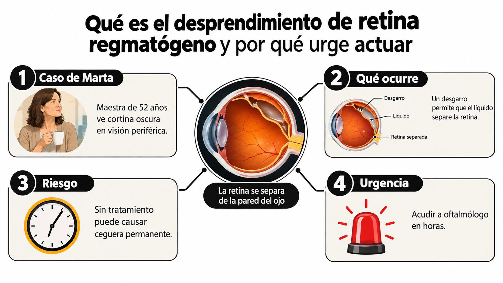 Infografía médica que explica el desprendimiento de retina regmatógeno, sus causas, riesgos de ceguera y urgencia médica.
