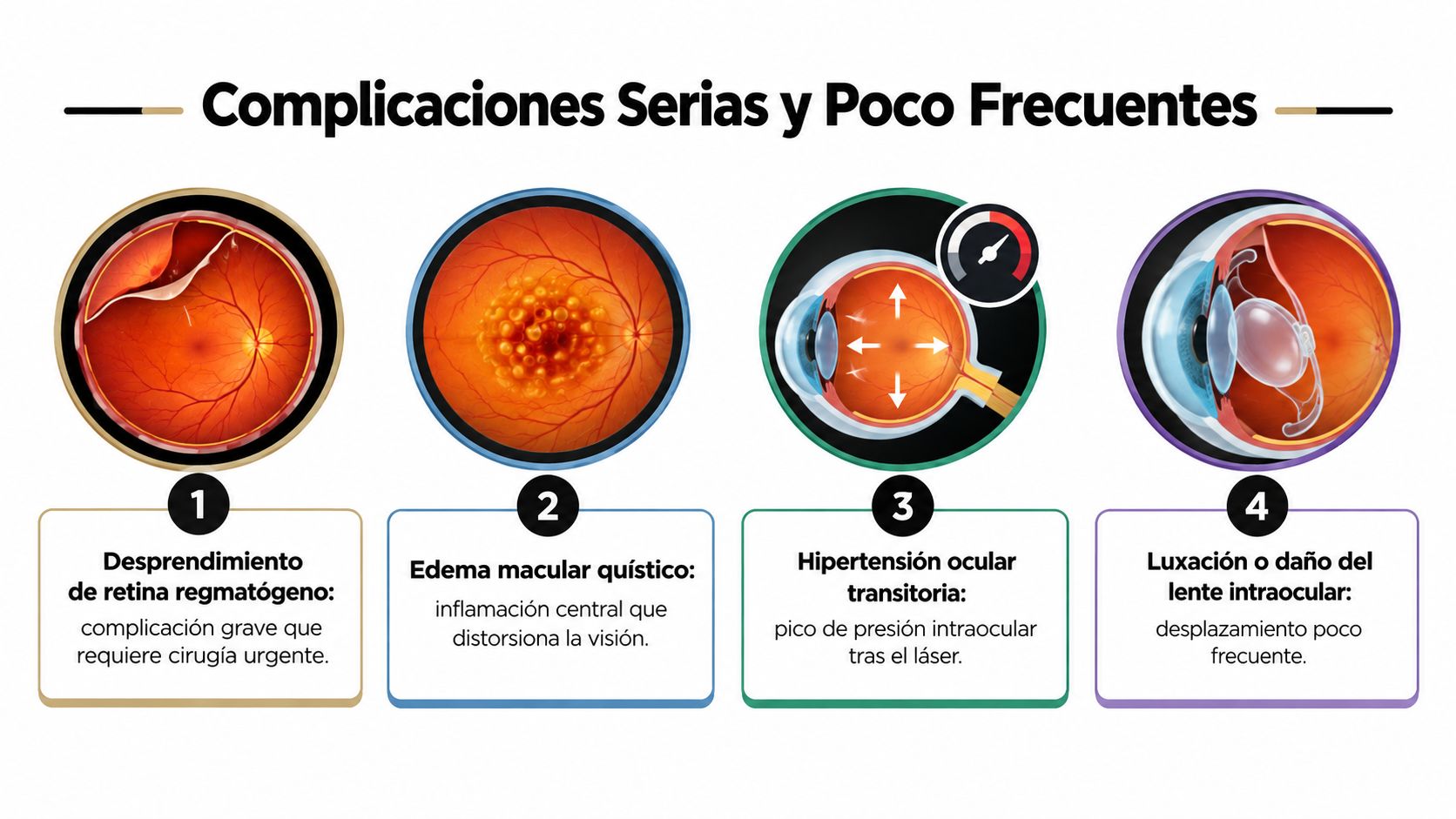 Infografía médica que muestra cuatro complicaciones serias y poco frecuentes tras una cirugía ocular, explicadas mediante ilustraciones.